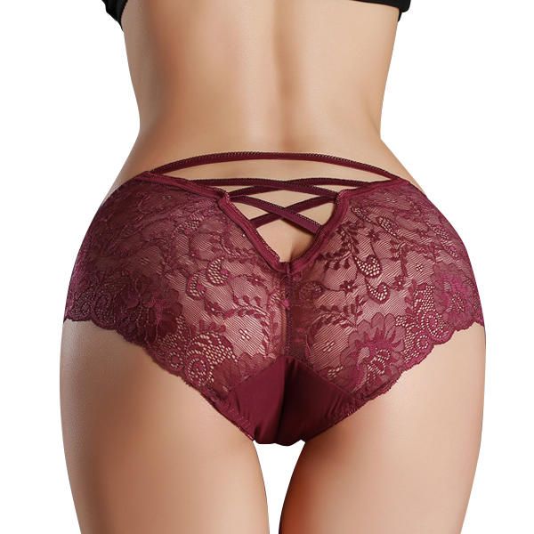 

2 pieces]mid waist criss cross panties hollow lace underwear, Black;pink