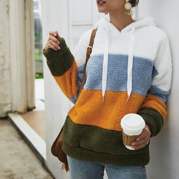 

womens oversized warm fleece hoodies casual loose color block pullover drawstring hooded sweatshirt outwear long sleeve jumper, Black