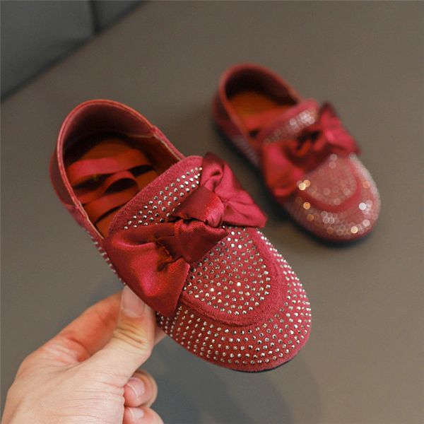 

girls shoes autumn rhinestone cute bowtie kids girls sneakers 2020 new girl princess shoes solid color children loafers sz249, Black