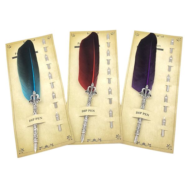

80 pieces creative feather dip fountain pen chancery quill oblique pens carved metal for fancy font calligraphy vintage pen gift