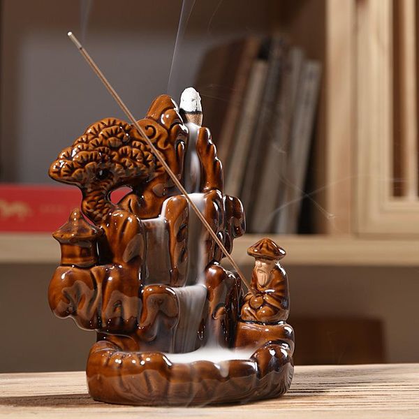 

high moutain gourd and lotus waterfall incense burner +10pcs cones stick holder censer ceramic aroma smoke backflow home decor