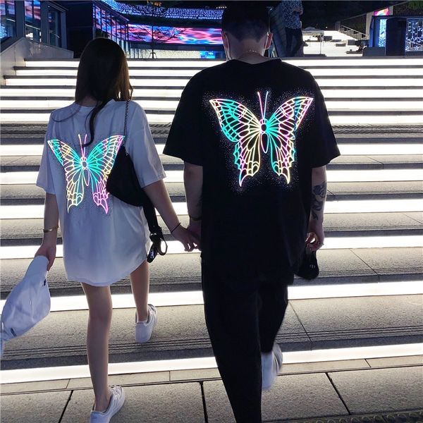 

couple clothes 2020 butterfly reflective butterfly clothing t-shirt clothing short-sleeved t-shirt women's midi all-match ins super hot, White