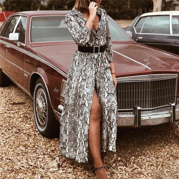 

fashion women autumn dress deep v-neck long sleeve leopard print vintage maxi dresses woman party night vestidos 2019, Black;gray