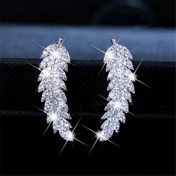 

2020 new style earrings jewelry pave white cz diamond leaf feather stud earring for women fashion giift sale, Silver