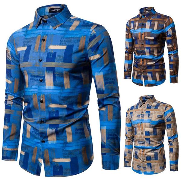 

mens dress shirts digital print long sleeve plaid stripe men's shirt casual blouse male blue khaki brown spring, White;black