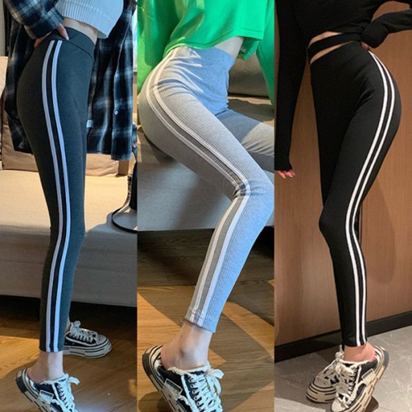 

vertical thread black sports leggings female korean version wearing high waist feet thin skinny pants 2019 autumn and winter