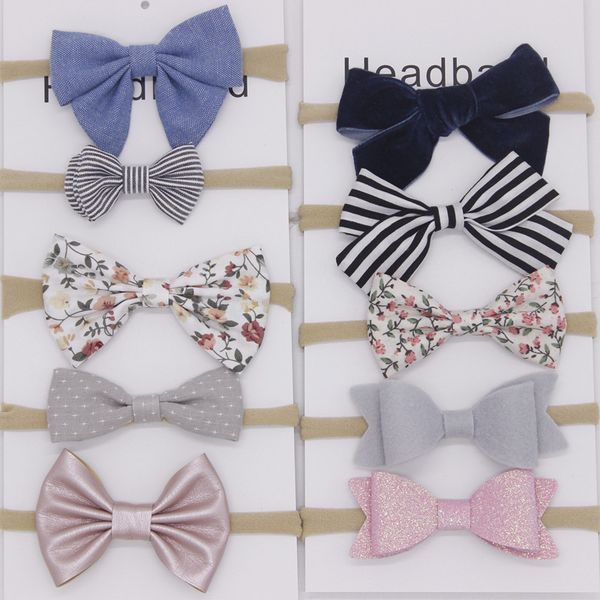

2020 new style baby girls nylon headbands sets fashion handmade toddler infants bows nylon head bands suits newborn bows, Slivery;white