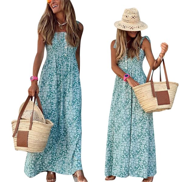 

women holiday strappy long dress summer sleeveless sling boho floral printed maxi vestido ladies evening party beach sundress, Black;gray
