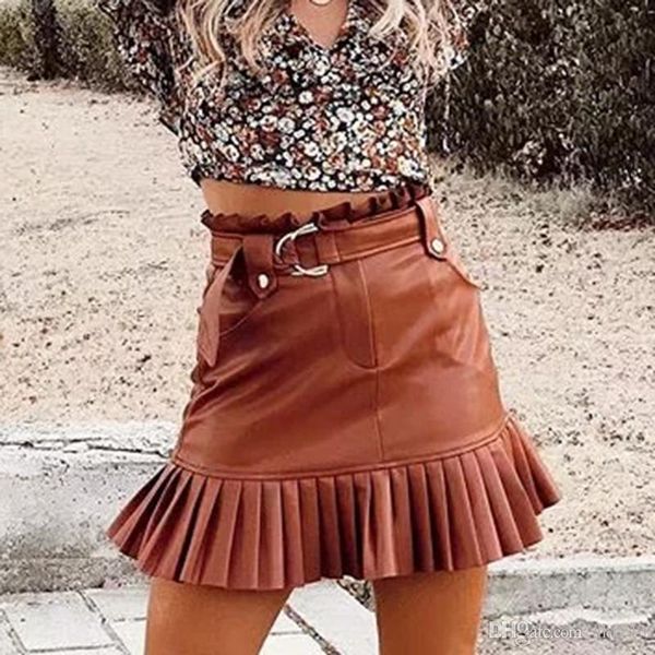 

hj fashion women vintage pleated mini skirts for ladies autumn-winter pu leather short skirt with belt female skirt girls chic, Black