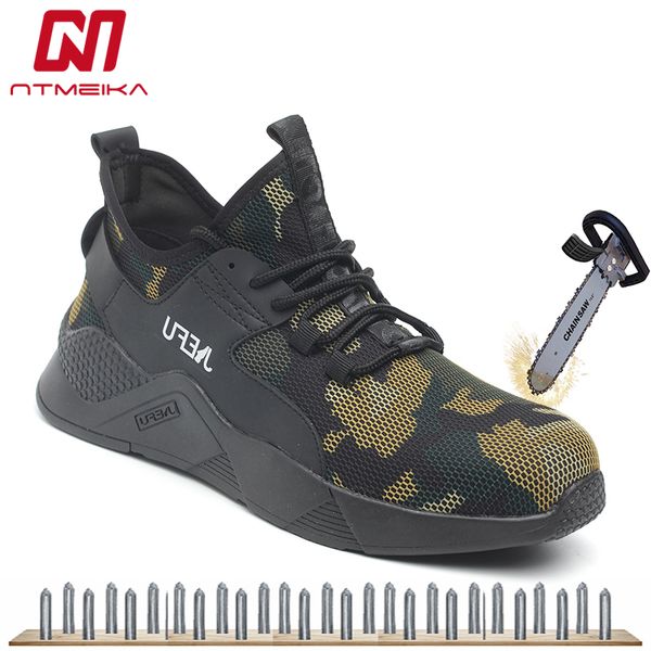 

men's work safety shoes steel toe camouflage breathable outdoor puncture proof sneakers comfortable industrial shoes for men, Black