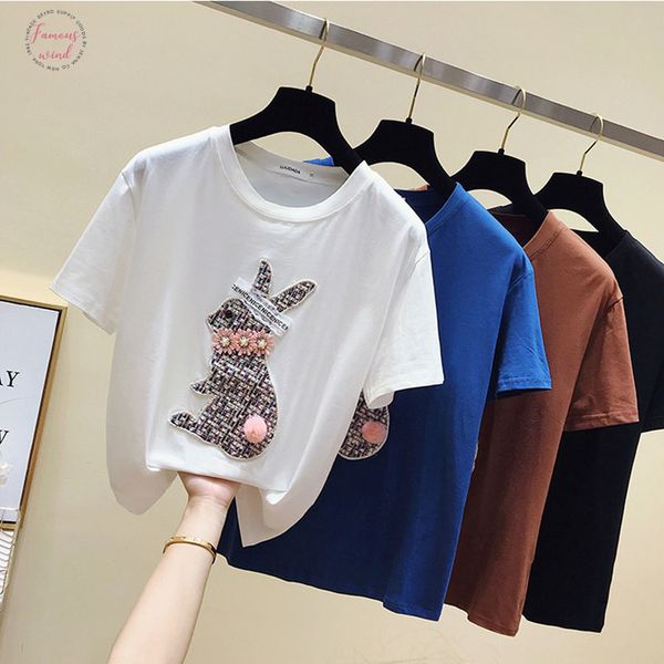 

ggrihht cotton funny beading t shirts women 2019 summer white harajuku o neck short sleeve tees shirt animal streetwear tshirt