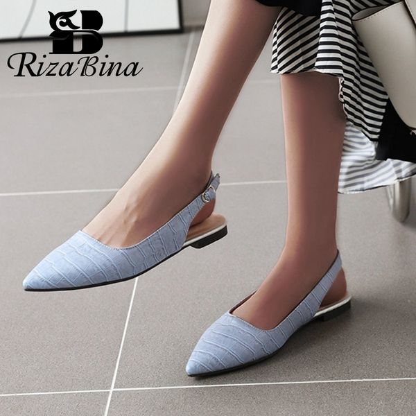 

rizabina low heel women sandals pointed toe 5 colors buckle shoes women solid color pattern leather casual zapatos size 31-48, Black
