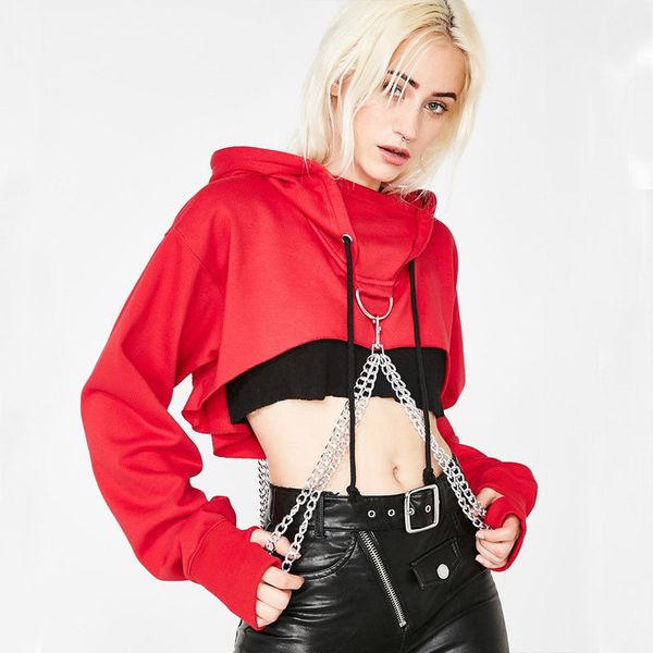

hirigin women hoodies gothic punk chain crop hooded pullover sweatshirt cosplay casual plus size, Black