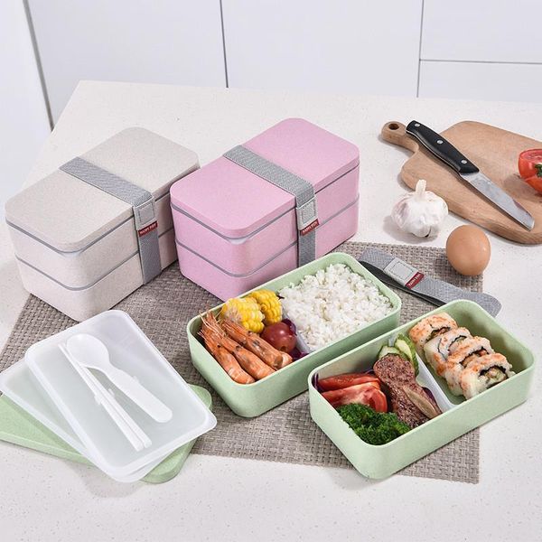 Double Layer Lunch Box Portátil Almoço Trigo material Straw Caixa Eco-Friendly Food Container de armazenamento Student Bento Box