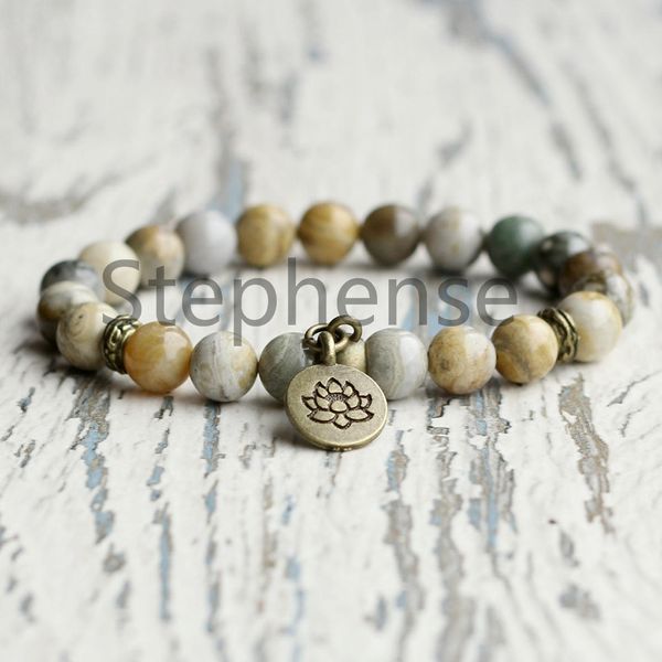 

mg0636 ocean jasper lotus charm yoga bracelet natural gemstone gandmade bracelet lotus charm heart chakra mala bracelet, Black