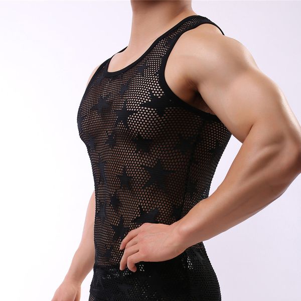 

mesh solid seamless men underwear embroidery star men tank vest transparent undershirt male black white undershirts, Black;brown