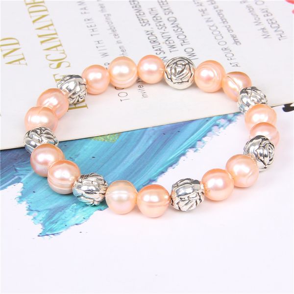 

silver flower charm bracelet women fine jewelry natural high luster champagne freshwater pearl bracelet gift friendship, Black