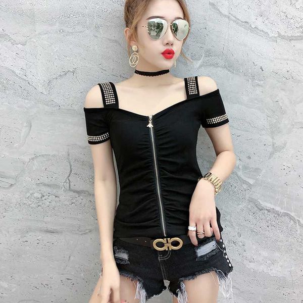 

off shoulder diamonds zipper tshirt 2020 summer women hollow out asymmertrical short sleeve shirt clothes, White
