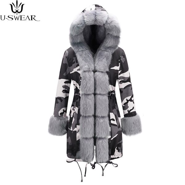 

u-swear winter women fake fur parka warm natural large black fur collar with luxury rex liner camouflage coats