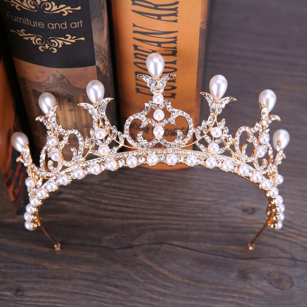 

noble queen crown hairwear silver rhinestone pearl crowns tiaras headband bride wedding hair jewelry headdress, Golden;white