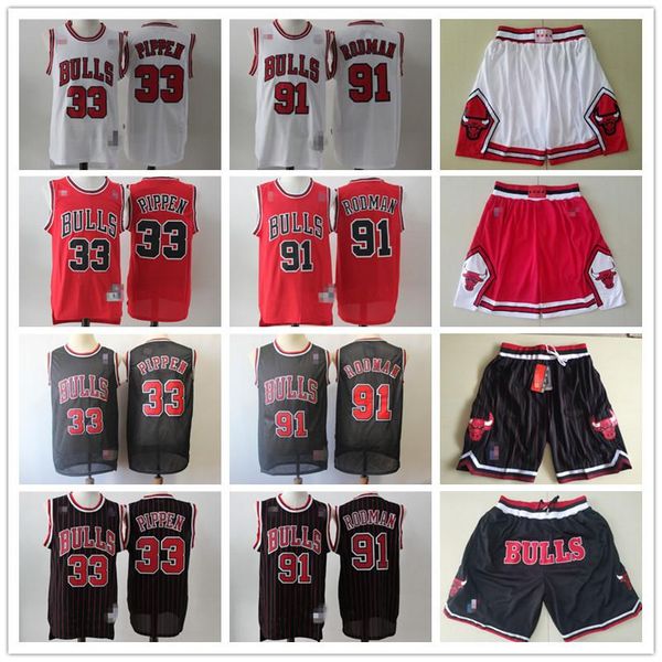 

mens chicago bulls throwback jersey scottie 33 pippen dennis 91 rodman basketball shorts basketball jersey red black white, Black;red