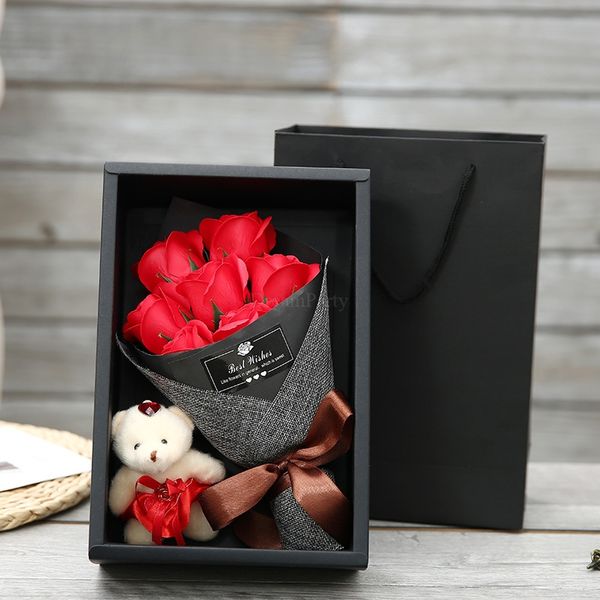 

7 heads soap rose flower gift box with littte bear diy birthday valentine's day gifts for girl artificial flowers bouquet