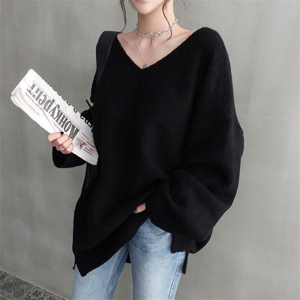 

v образным вырезом свободный свитер женщины вязаный кашемировый пуловер осень зима 2020 casusal сплошной цвет длинный джемпер топы sueter mu, White;black