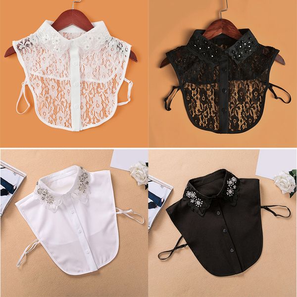 

shirt fake collar for women embroidered rhinestone shirt collar lace detachable lapel fake clothes accessories, Black;gray