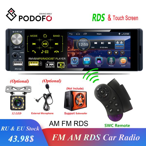 

podofo 1 din car radio rds media mp5 player bluetooth 1din autoradio 4" hd touch screen fm receiver usb audio stereo rear camera car dv