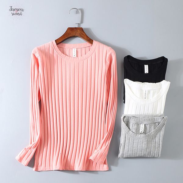 

2019 spring ribbed shirts striped elastic t shirt women casual long sleeve shirt cotton blusas knitted plus size, White