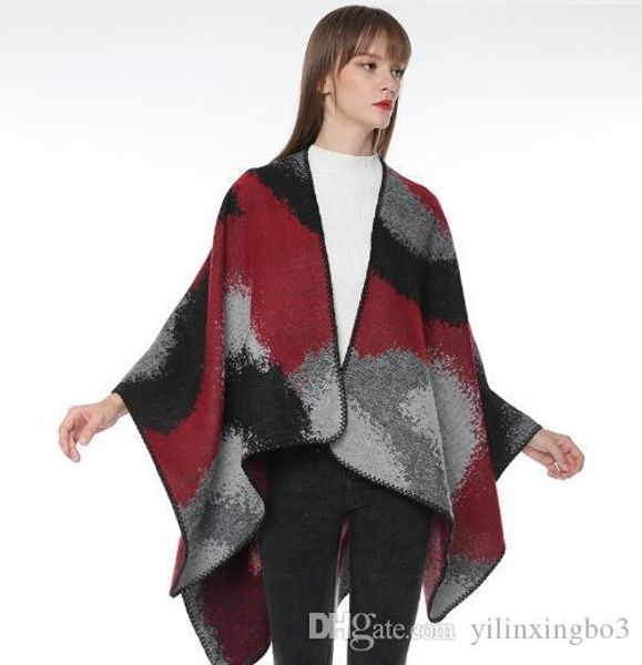 

women vintage plaid poncho fashion lady scarf wrap knit cashmere scarves girl winter cape cardigan blankets cloak shawl, Black