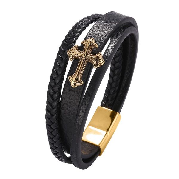 

fashion black multilayer leather bracelet men golden accessories stainless steel magnetic buckle charm bangles women wrist band, Golden;silver