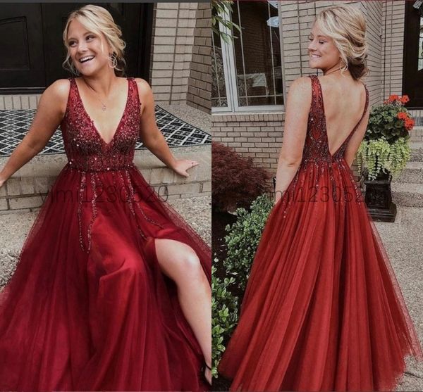 Dark Red Prom Dresses V Neck Backless Side Split Floor Length Bead