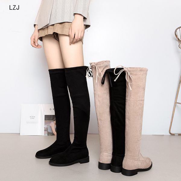 

2019 women over the knee boots lace up black high heels shoes woman high boot wedge winter comfortable fashion botin mujer