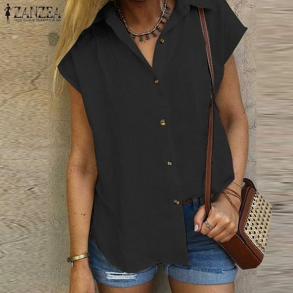

women tunic zanzea summer lapel neck buttons shirt mujer casual short sleeve blouse solid femininas blusas loose chemise, White