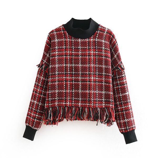

women fashion plaid tweed pullover jumper long sleeve spring autumn stylish fringe tassels female casual chic short moletom, Black