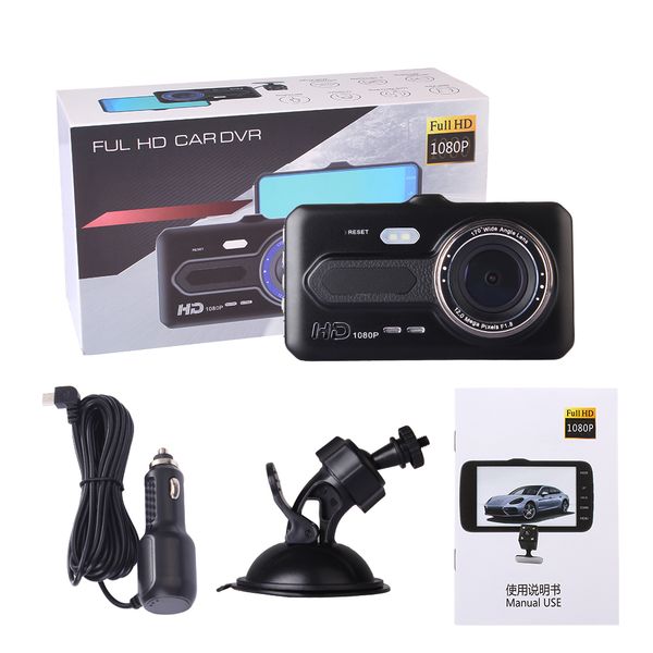 

4 " ips двойной объектив автомобиля тире cam fhd 1080p приборной панели камеры 170 градусов вождение автомобиля dvr рекордер g-датчик парков
