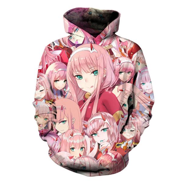 

soshirl darling in the frank hoodies hipster anime zero two hoody pink girls face kawaai cute pullovers plus size, Black
