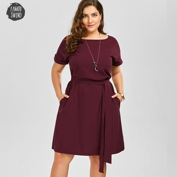 

polyester dress size plus women knee length with pockets belted designer clothes summer o neck vintage office work wear, Black;gray