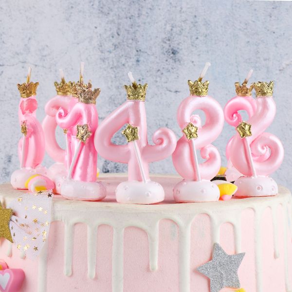 

new cute birthday candle pink crown candle birthday cake decoration 0-9 digital number kids favors party decor