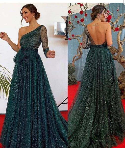 

2019 dark green prom dresses one shoulder backless formal evening gowns saudi arabic beads long special occasion dress plus size, Black