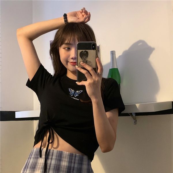 

butterfly short-sleeved t-shirt women's short style scheming design sense half-sleeved ins fashion 2020 t-shirt butterfly high waist na, White