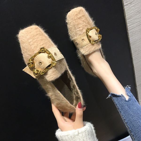 

casual woman platform shoes metal chain women flats women's moccasins square toe all-match loafers fur soft modis autumn buckle, Black