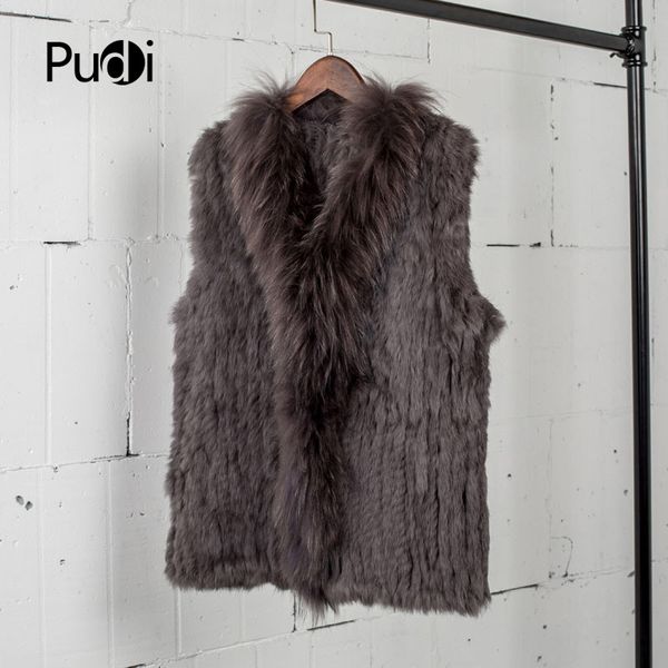 

vt7008 womens natural real rabbit fur vest with raccoon fur collar waistcoat/jackets rabbit knitted winter, Black