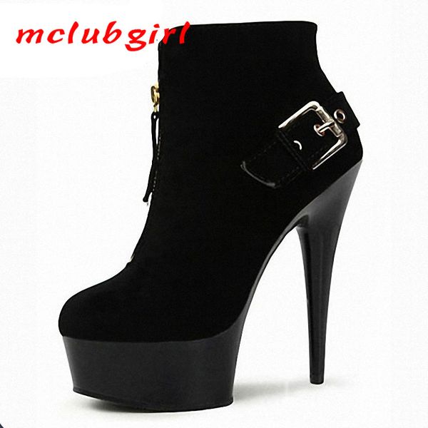 

mclubgirl 15cm super high heel suede zipper low boots metal decorative thin heel waterproof table buckle boots lyp, Black