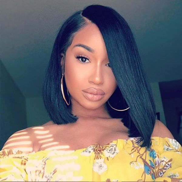 

straight lace front wig bob short human hair wigs with bangs for black women bleached knots remy peruvian wig, Black;brown