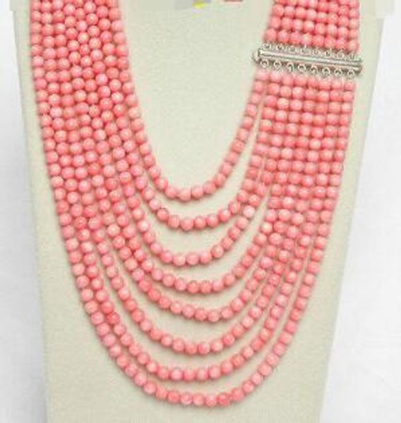 

necklace ++genuine 8row 17"-25" round pink coral beads necklace, Silver
