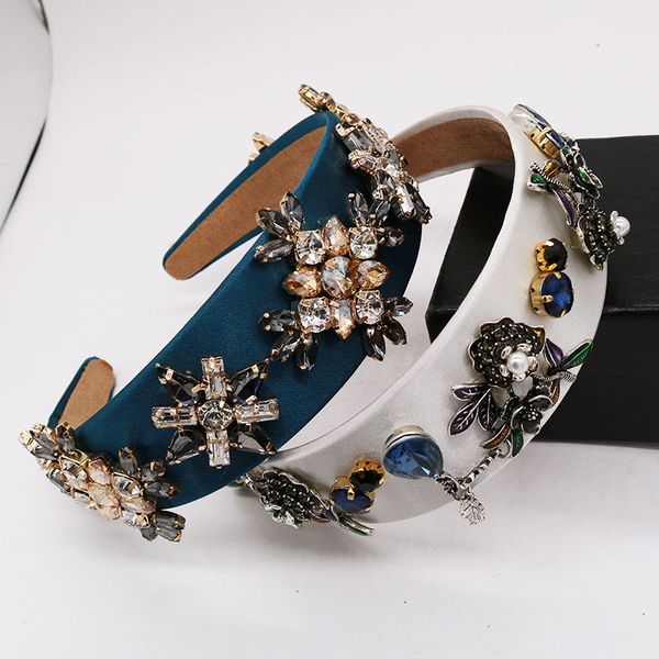 

baroque elegant party accessories metal flower hair hoop white cloth decorated hoop wedding blue crystal hair accessories, Golden;white