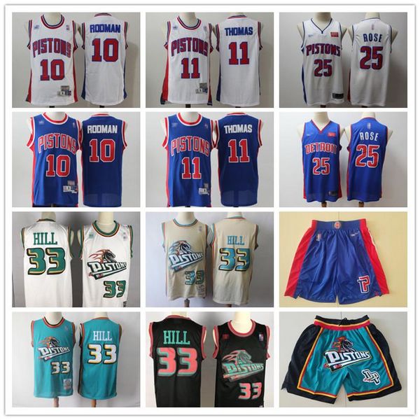 

mens detroit pistons throwback grant 33 hill isiah 11 thomas dennis 10 rodman derrick 25 rose basketball shorts jerseys blue white, Black;red