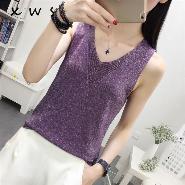 

women shiny lurex sweater tank solid stitching v-neck camis female knitted short slim sleeveless shirt tank casual, Black;white